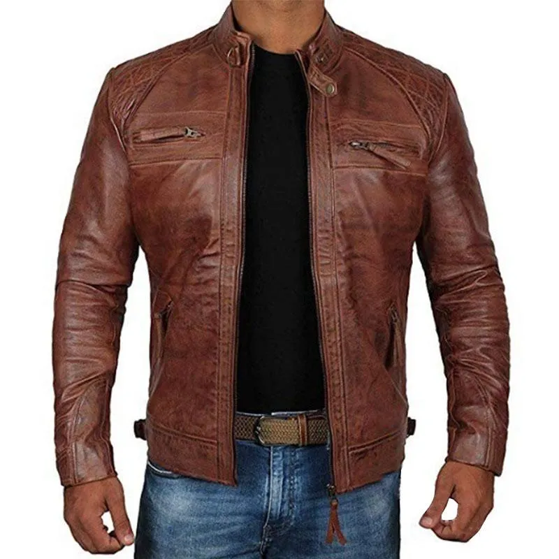 Men's Vintage Distressed Stand Collar Zip Motorcycle Leather Jacket 90149695M sold by Manly product image thumbnail 3