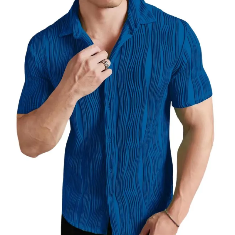 Men's Solid Color Pleated Striped Short Sleeve Shirt 13683296Y sold by Manly