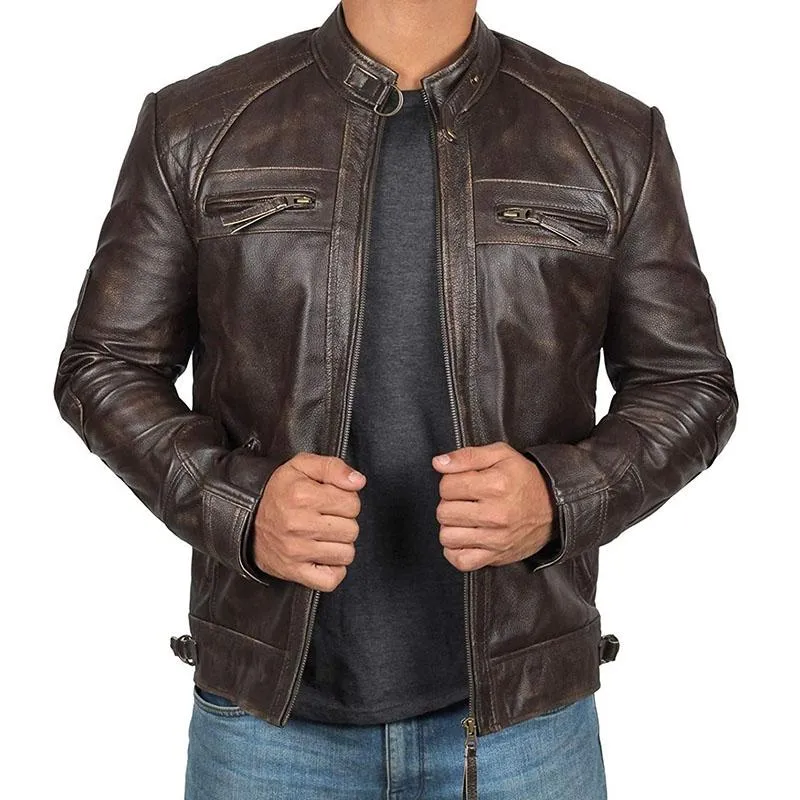 Men's Vintage Distressed Stand Collar Zip Motorcycle Leather Jacket 90149695M sold by Manly