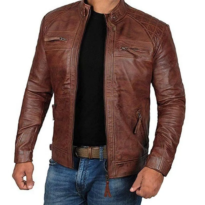 Men's Vintage Distressed Stand Collar Zip Motorcycle Leather Jacket 90149695M sold by Manly product image thumbnail 4