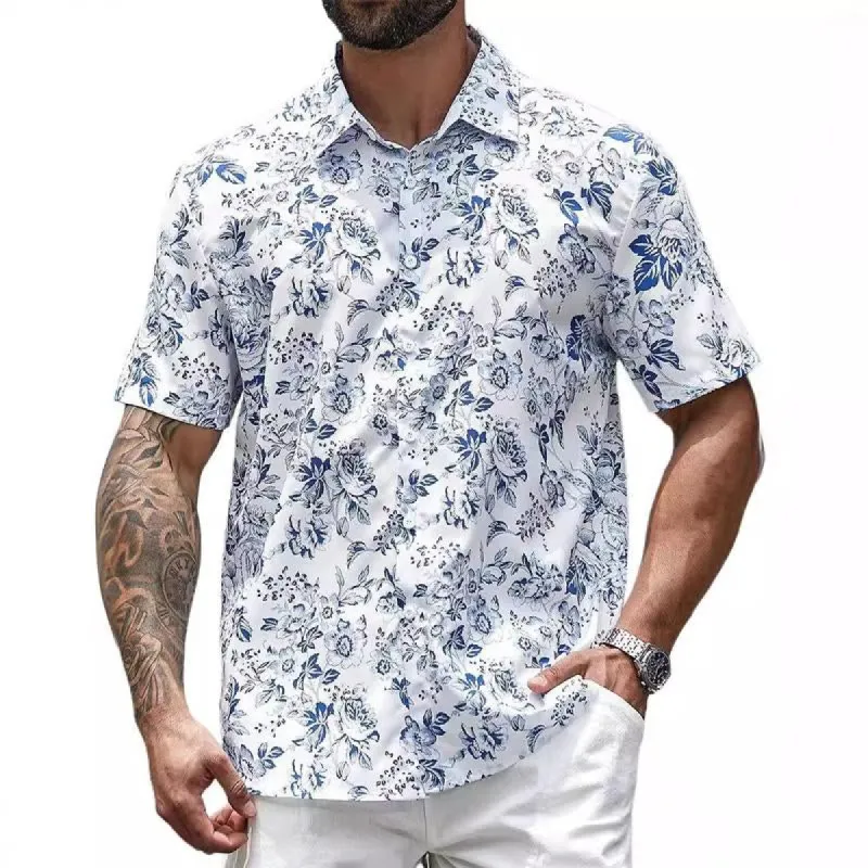 Men's Hawaiian Print Lapel Beach Short Sleeve Shirt 49847308X sold by Manly