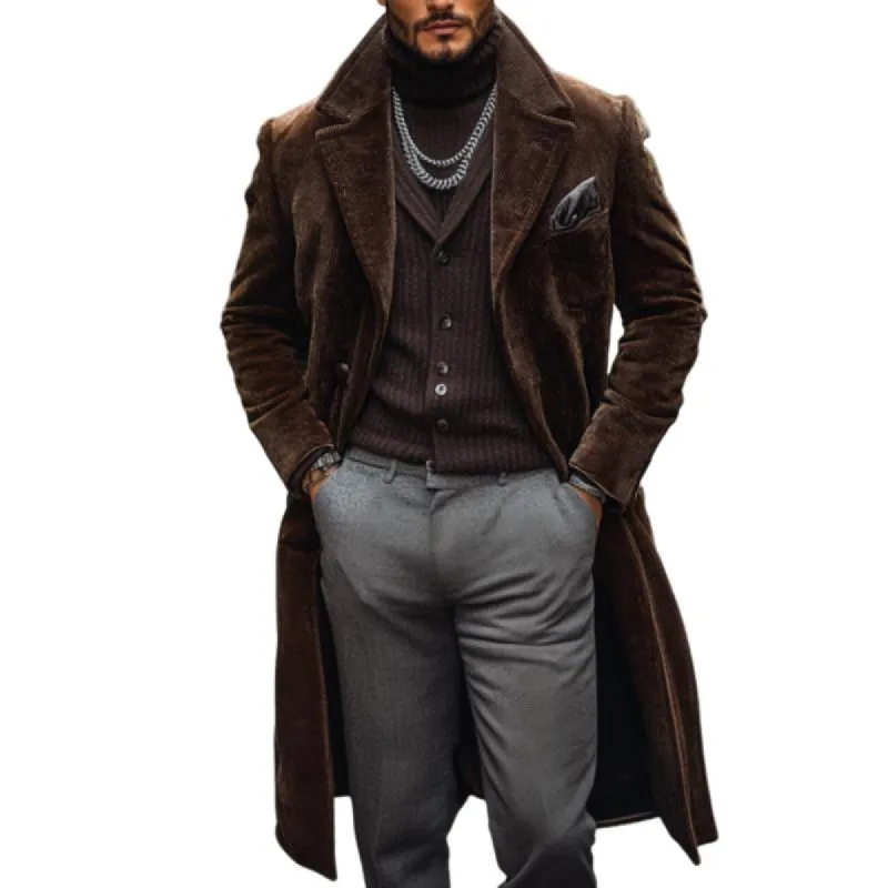 Men's Vintage Corduroy Notch Lapel Double Breasted Patch Pocket Long Coat 77605390M sold by Manly