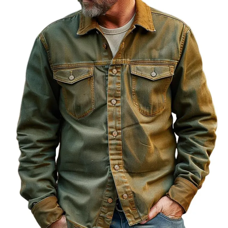Men's Vintage Colorblock Lapel Breast Pocket Single Breasted Cargo Jacket 08367053Z sold by Manly