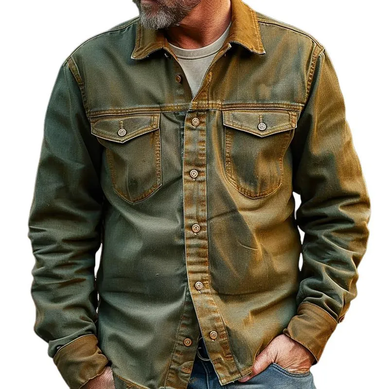 Men's Vintage Colorblock Lapel Breast Pocket Single Breasted Cargo Jacket 08367053Z sold by Manly