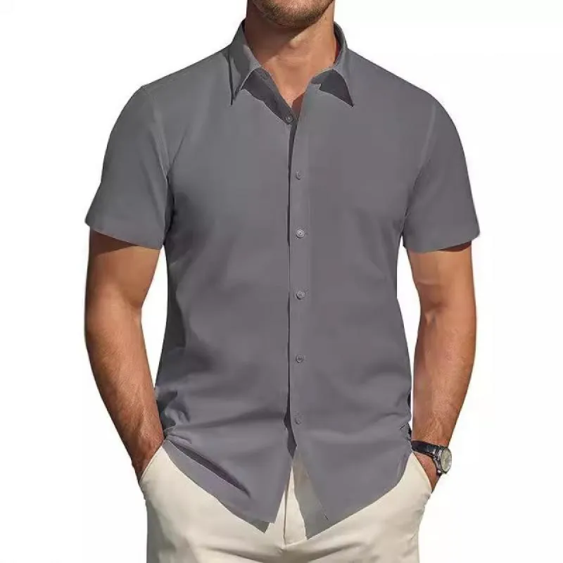 Men's Solid Lapel Short Sleeve Casual Shirt 15288526Z sold by Manly