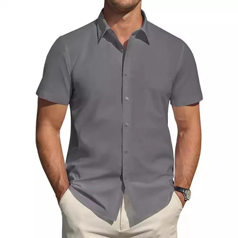 Men's Solid Lapel Short Sleeve Casual Shirt 15288526Z sold by Manly