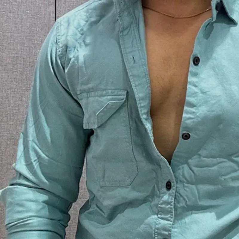 Men's Retro Casual Solid Color Pocket Lapel Long Sleeve Shirt 55070624TO sold by Manly product image thumbnail 3