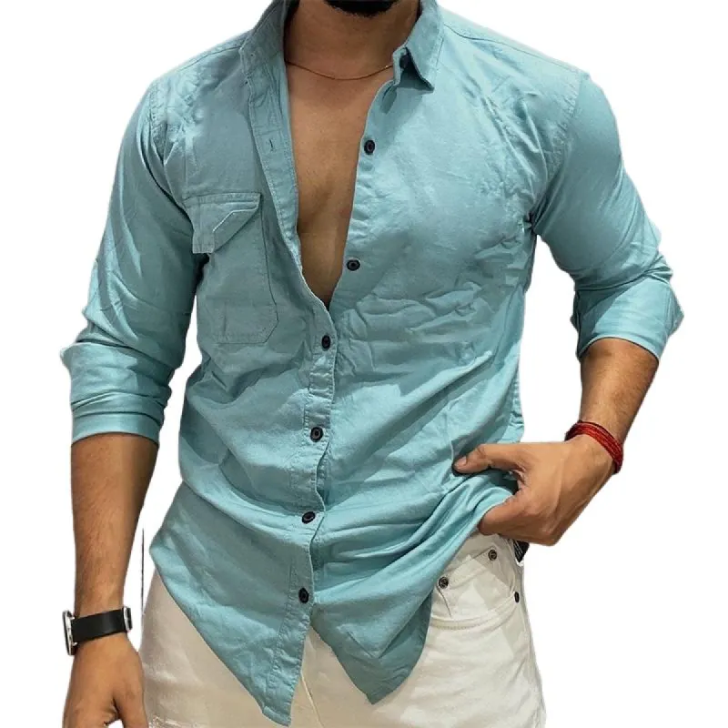 Men's Retro Casual Solid Color Pocket Lapel Long Sleeve Shirt 55070624TO sold by Manly