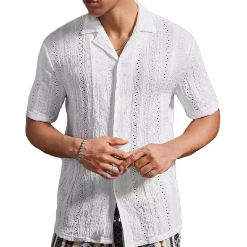 Men's Casual Solid Color Cuban Collar Hollow Short Sleeve Shirt 37089600Y sold by Manly