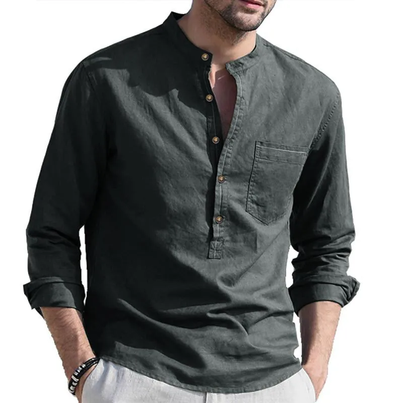 Men Casual Plain Cotton Henley Collar Breast Pocket Long Sleeve Shirt 32793027Y sold by Manly