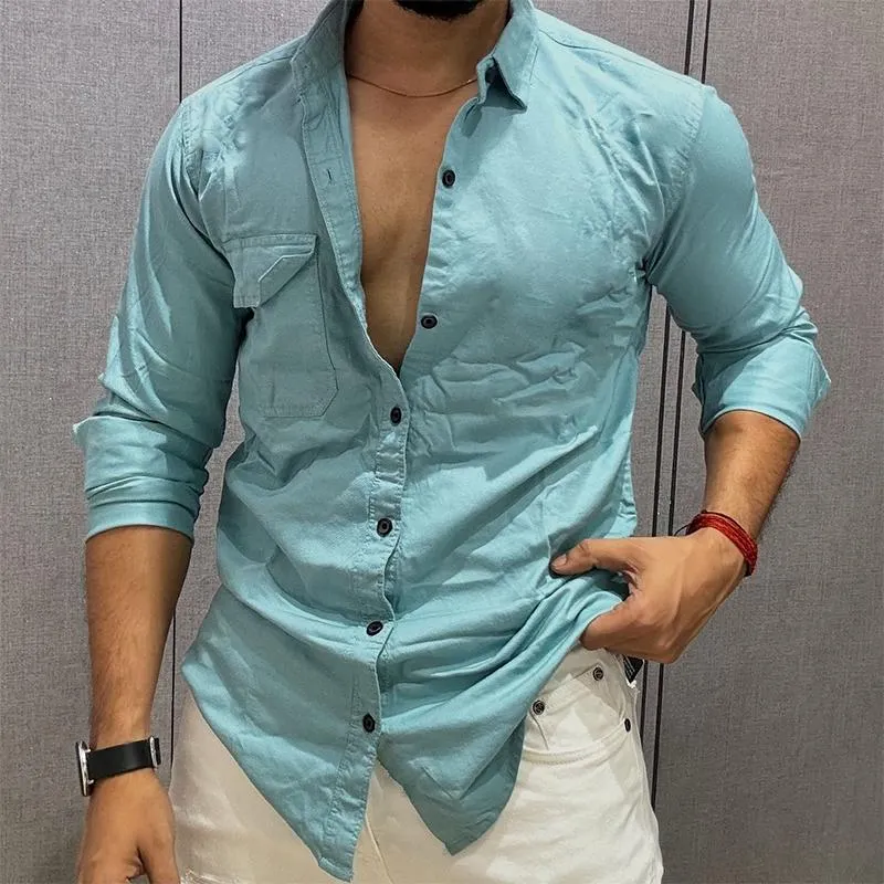 Men's Retro Casual Solid Color Pocket Lapel Long Sleeve Shirt 55070624TO sold by Manly product image thumbnail 2