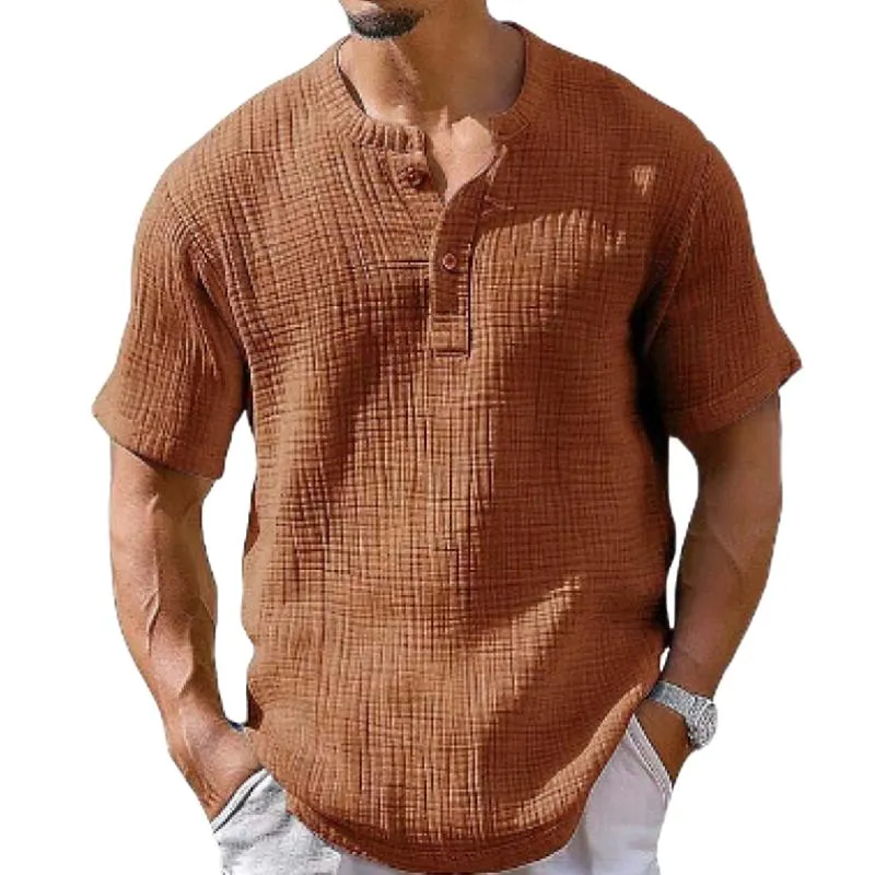 Men's Casual Cotton Linen Pleated Henley Collar Breathable Short-Sleeved Shirt 03788375M sold by Manly product image thumbnail 3