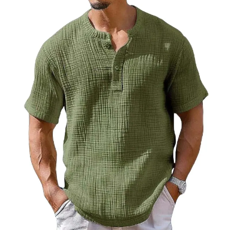 Men's Casual Cotton Linen Pleated Henley Collar Breathable Short-Sleeved Shirt 03788375M sold by Manly product image thumbnail 2