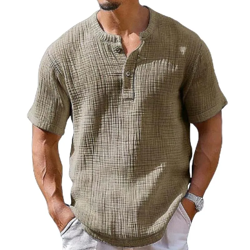 Men's Casual Cotton Linen Pleated Henley Collar Breathable Short-Sleeved Shirt 03788375M sold by Manly