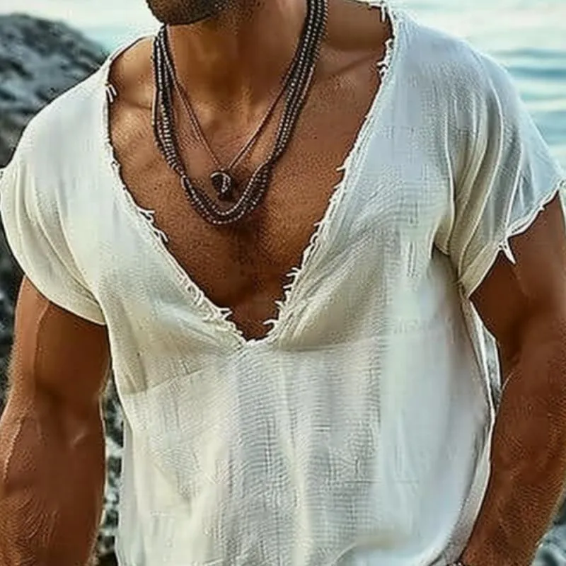 Men's Casual Cotton Blended V-Neck Raw Edge Short Sleeve T-Shirt 84352200M sold by Manly product image thumbnail 3