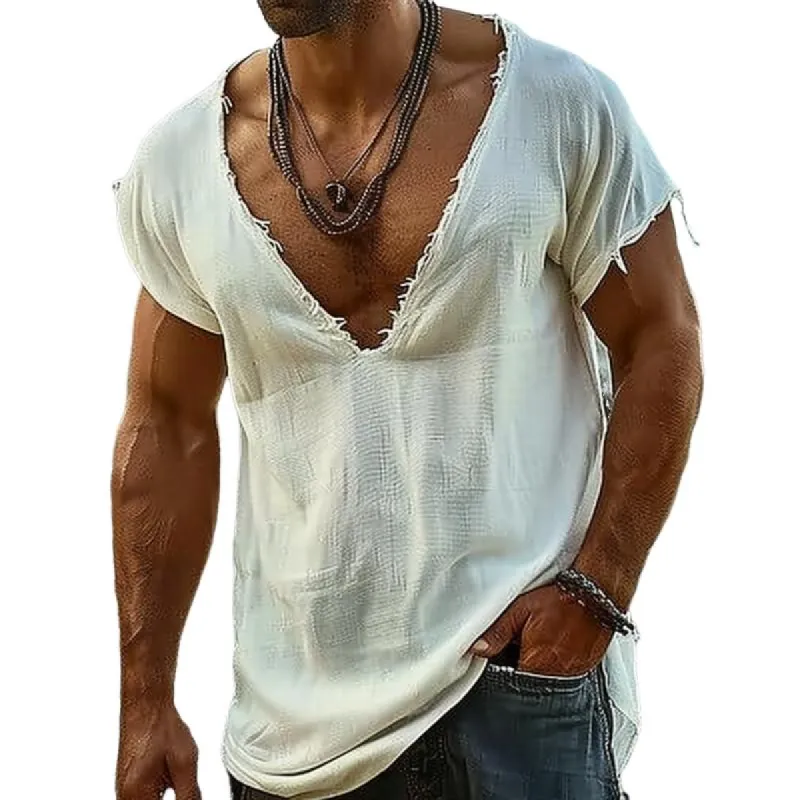 Men's Casual Cotton Blended V-Neck Raw Edge Short Sleeve T-Shirt 84352200M sold by Manly