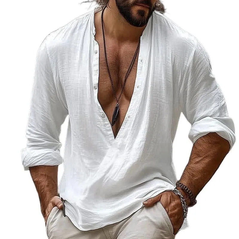 Men's Retro Casual Solid Color Cotton Linen Stand Collar Long Sleeve Shirt 15828160TO sold by Manly