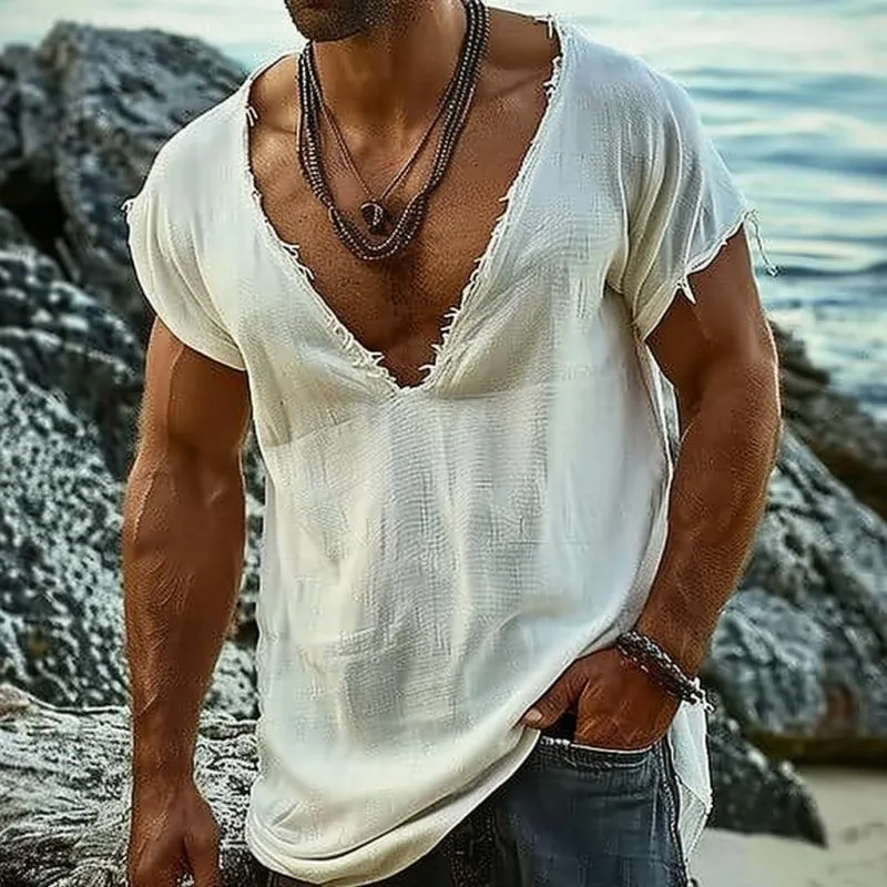 Men's Casual Cotton Blended V-Neck Raw Edge Short Sleeve T-Shirt 84352200M sold by Manly product image thumbnail 2