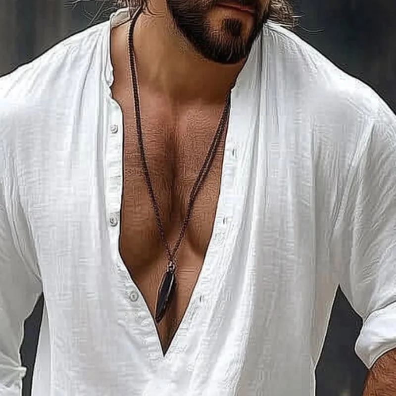 Men's Retro Casual Solid Color Cotton Linen Stand Collar Long Sleeve Shirt 15828160TO sold by Manly product image thumbnail 3