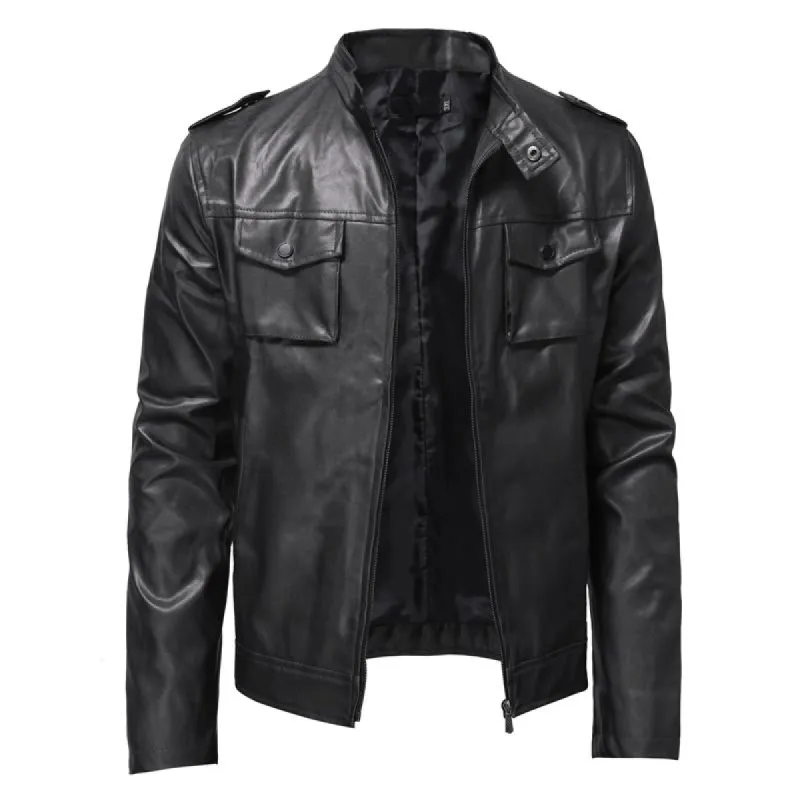Men's Solid Color Multi Pocket Stand Collar Long Sleeve Leather Jacket 51938805Y sold by Manly
