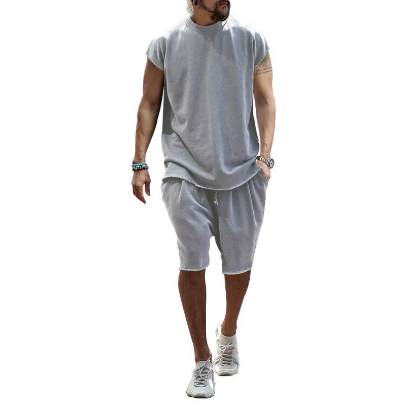 Men's Casual Round Neck Short Sleeve T-Shirt Loose Shorts Set 89142205M sold by Manly