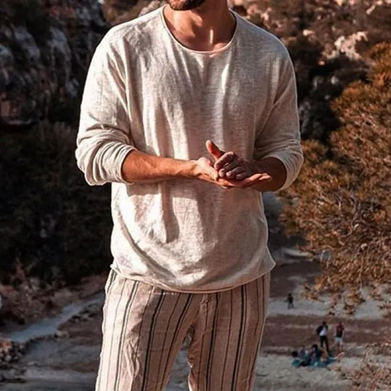 Men's Casual Round Neck Cotton Linen Long Loose T-shirt 97956040M sold by Manly product image thumbnail 2