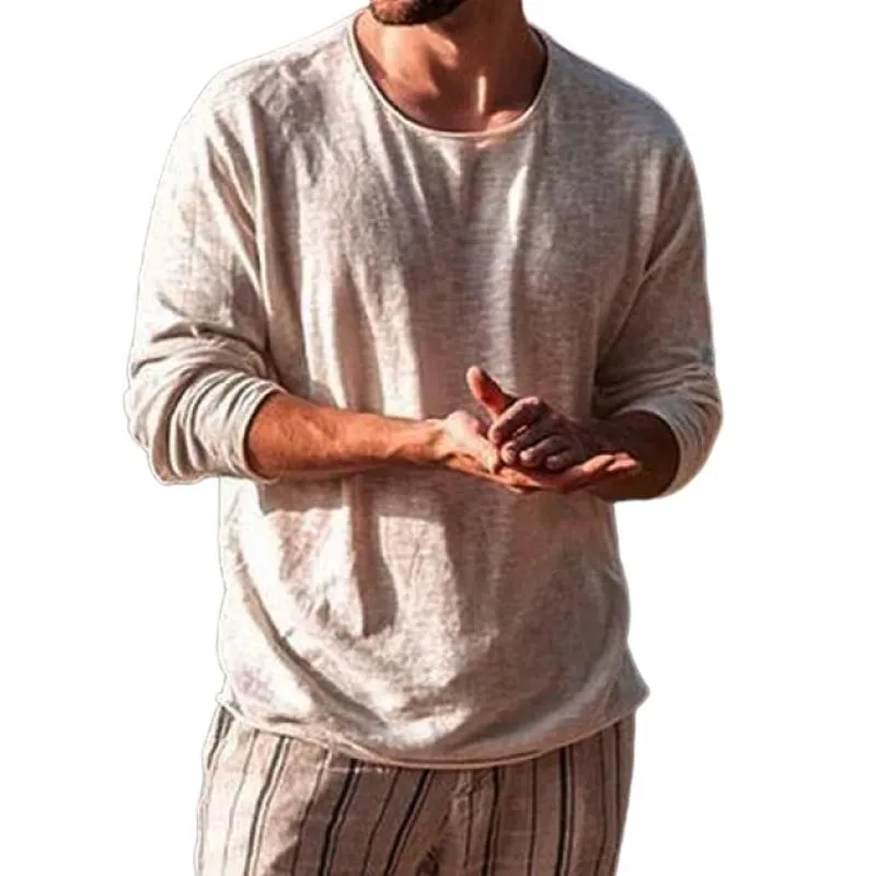 Men's Casual Round Neck Cotton Linen Long Loose T-shirt 97956040M sold by Manly