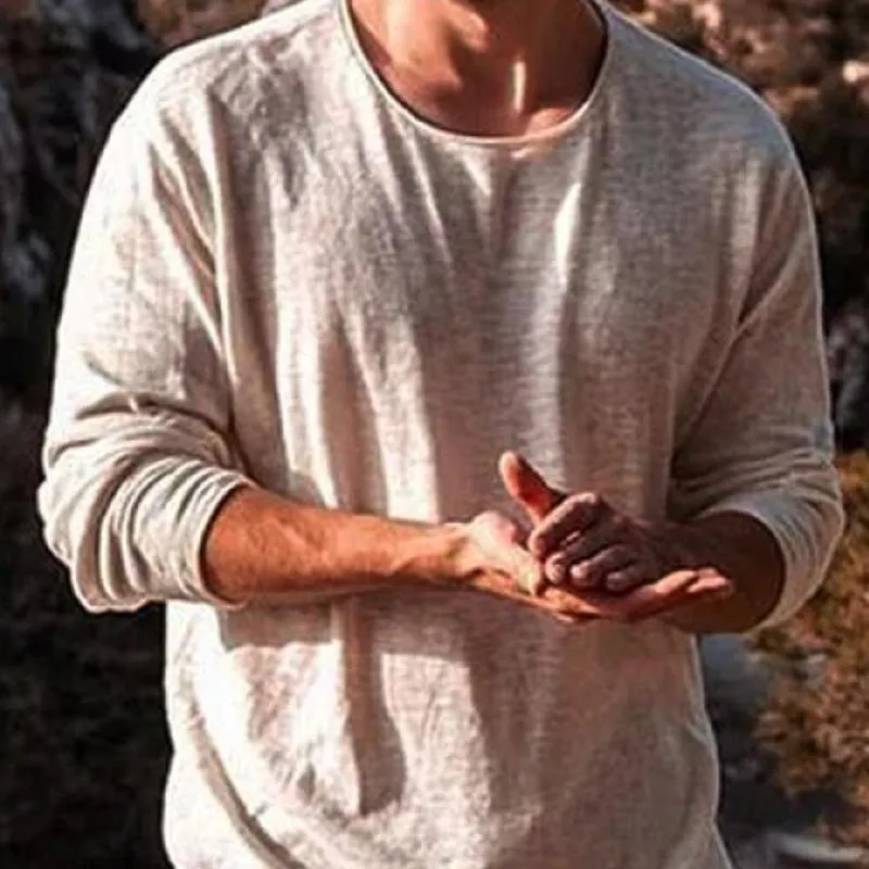 Men's Casual Round Neck Cotton Linen Long Loose T-shirt 97956040M sold by Manly product image thumbnail 3