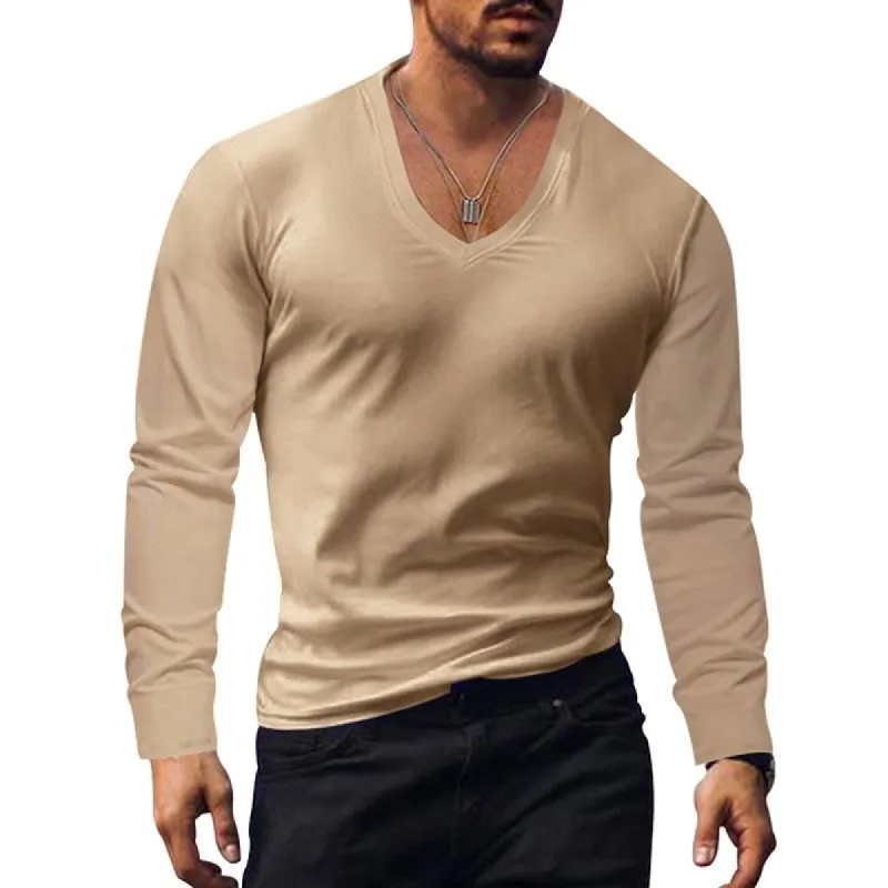 Men's Casual Solid Color V-neck Long-sleeved T-shirt 08047321X sold by Manly