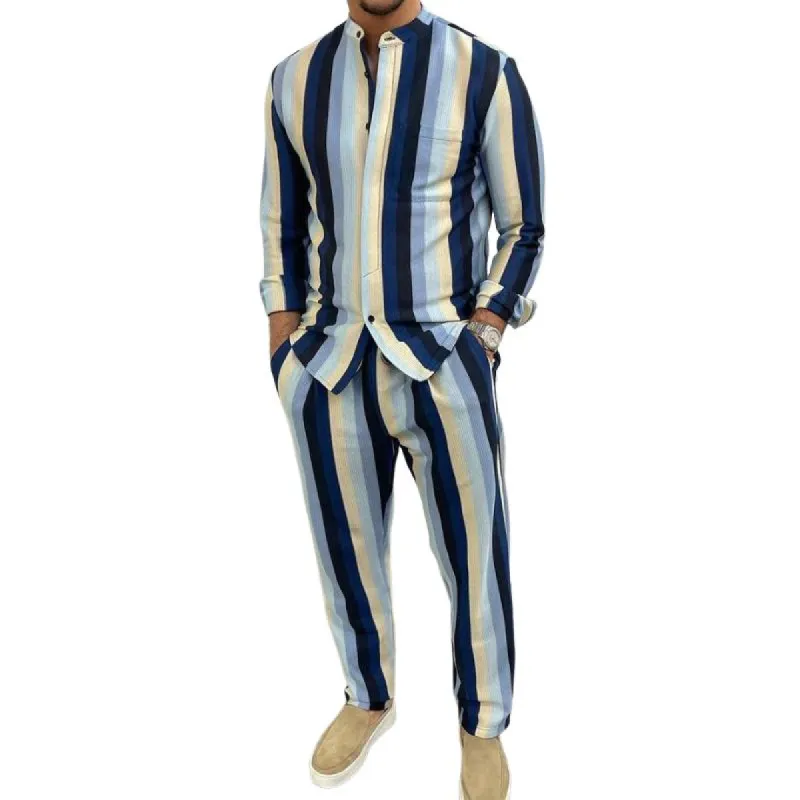 Men's Retro Casual Striped Long-sleeved Two-piece Set 19037243TO sold by Manly