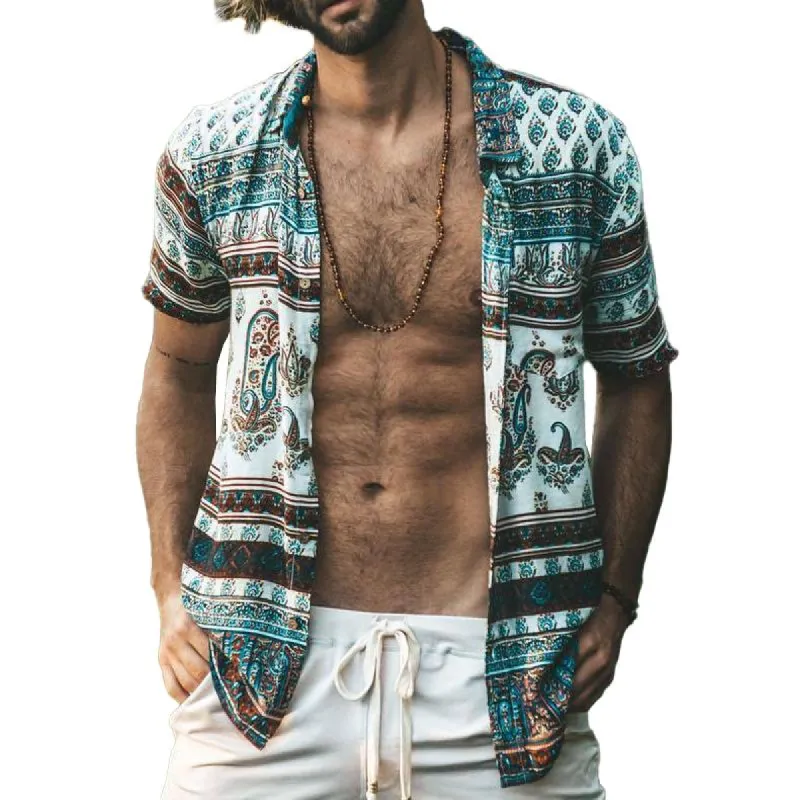 Men's Ethnic Print Lapel Short Sleeve Loose Hawaiian Beach Shirt 57813284Z sold by Manly