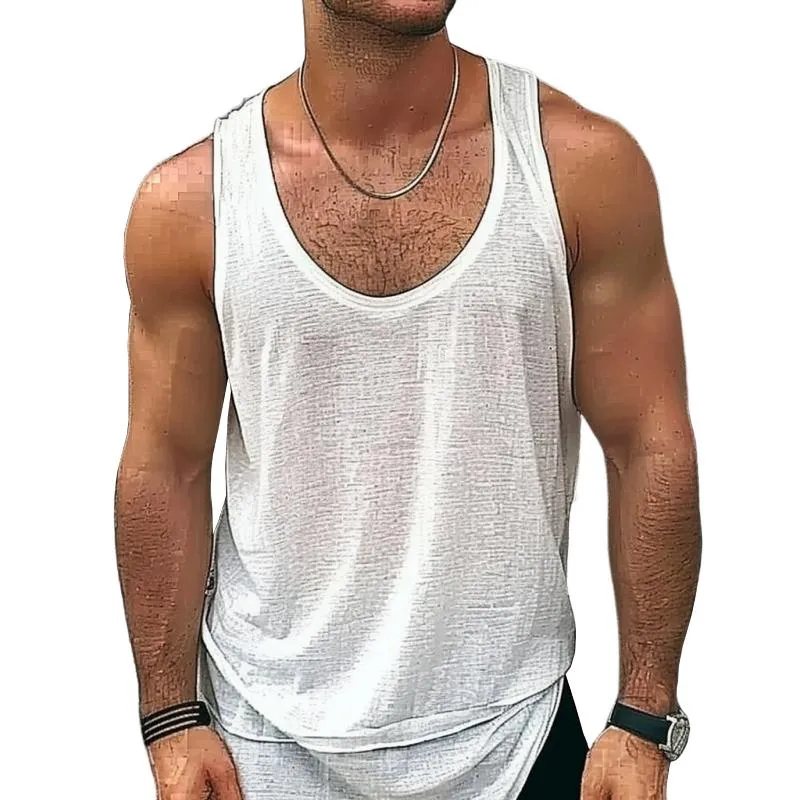 Men's Casual Cotton Linen Breathable U-neck Slim Fit Tank Top 79123904M sold by Manly