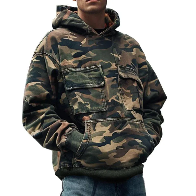 Men's Vintage Camouflage Printed Cotton Blend Flap Pocket Long-Sleeved Hoodie 44391826M sold by Manly