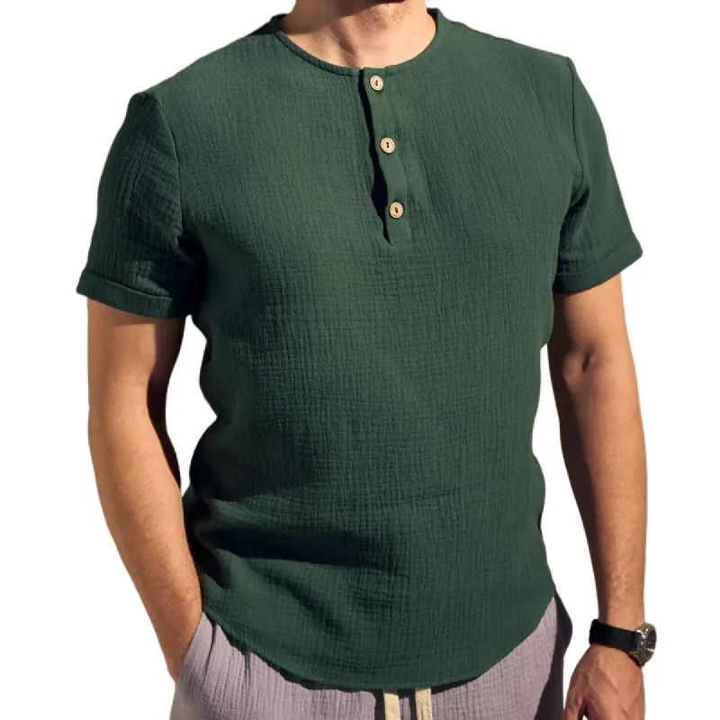 Men's Casual Cotton Linen Henley Collar Slim Fit Short Sleeve Shirt 52746329M sold by Manly