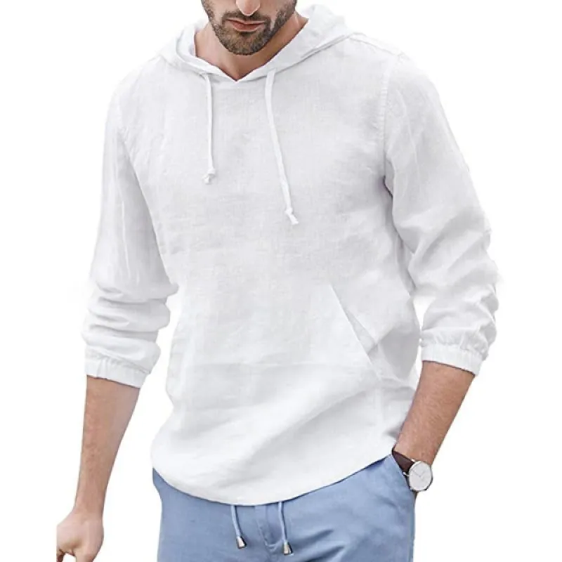 Men's Cotton Linen Long Sleeve Hooded Shirt 98444385Y sold by Manly