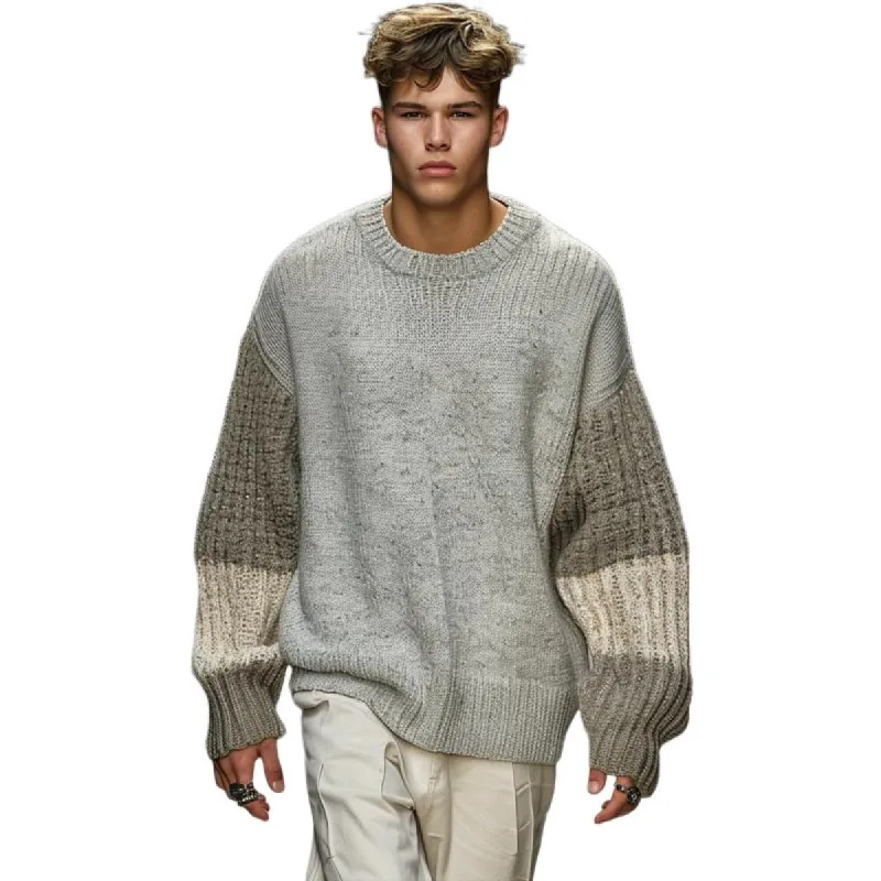 Men's Fashion Colorblock Round Neck Loose Knitted Long Sleeve Pullover Sweater 35107826M sold by Manly