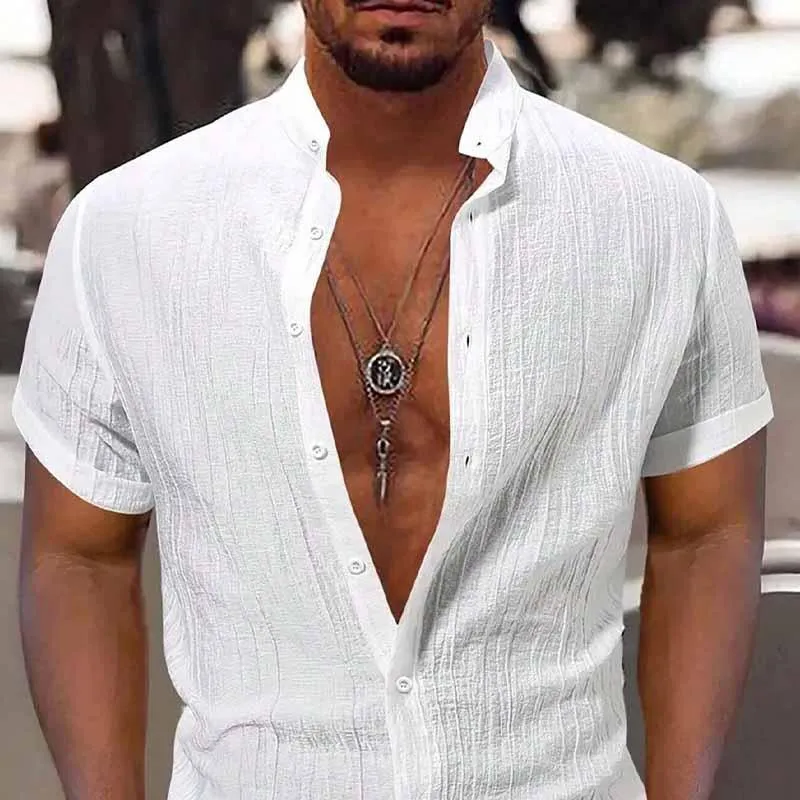 Men's Cotton and Linen Stand Collar Solid Color Short-sleeved Shirt 51810068X sold by Manly product image thumbnail 2