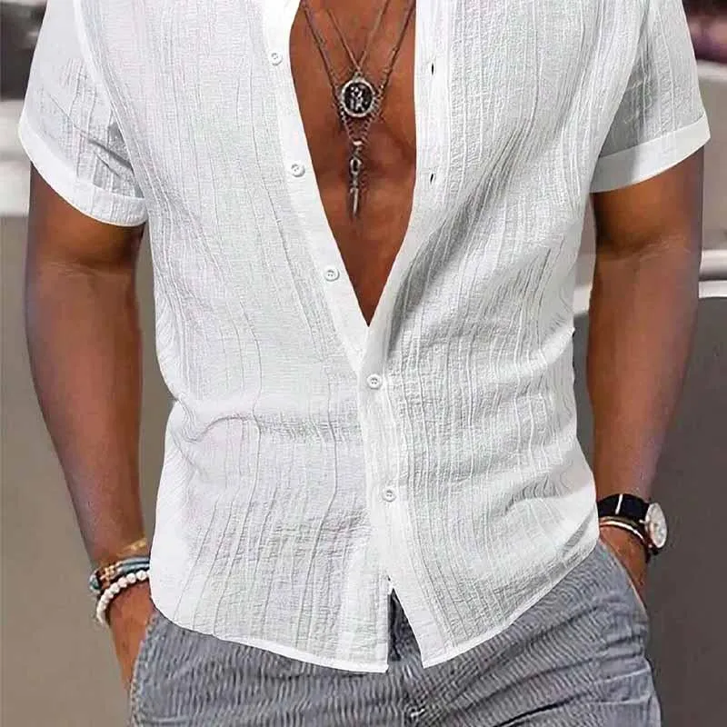 Men's Cotton and Linen Stand Collar Solid Color Short-sleeved Shirt 51810068X sold by Manly product image thumbnail 3