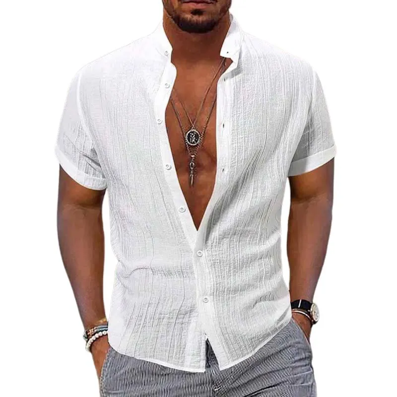 Men's Cotton and Linen Stand Collar Solid Color Short-sleeved Shirt 51810068X sold by Manly