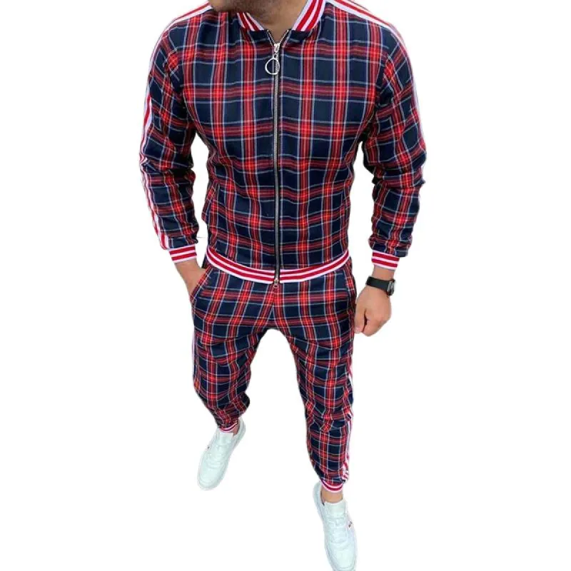 Men's Retro Casual Plaid Print Zipper Two-Piece Set 29572226TO sold by Manly