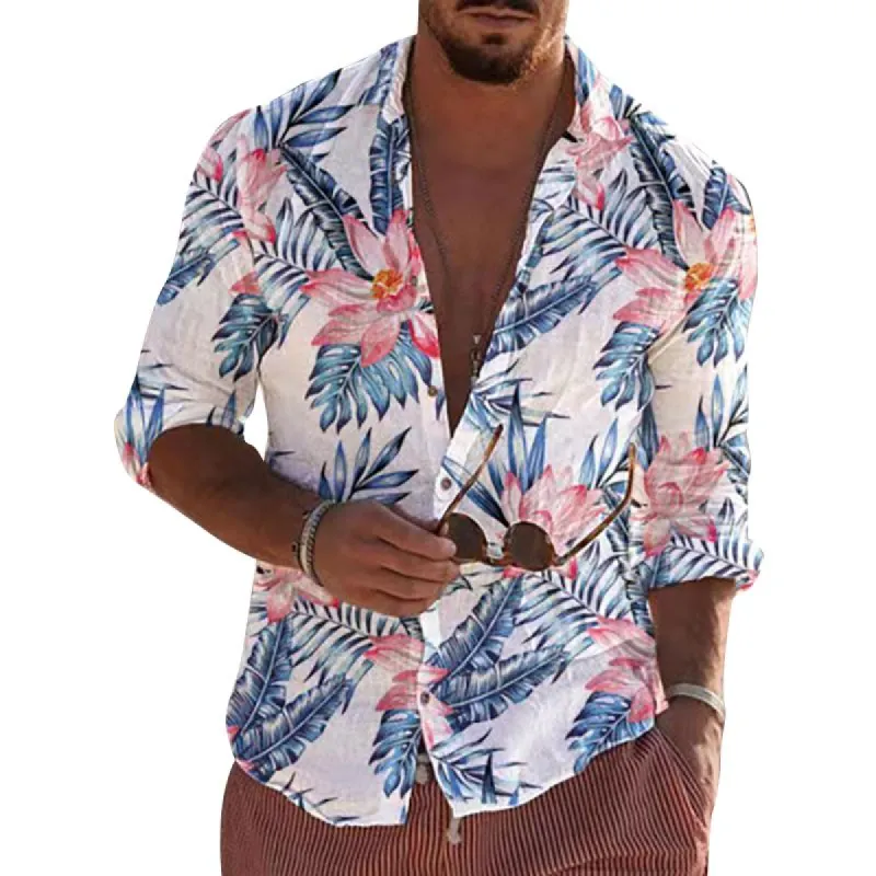 Men's Vintage Beach Leaf Print Lapel Long Sleeve Shirt 46858691Y sold by Manly