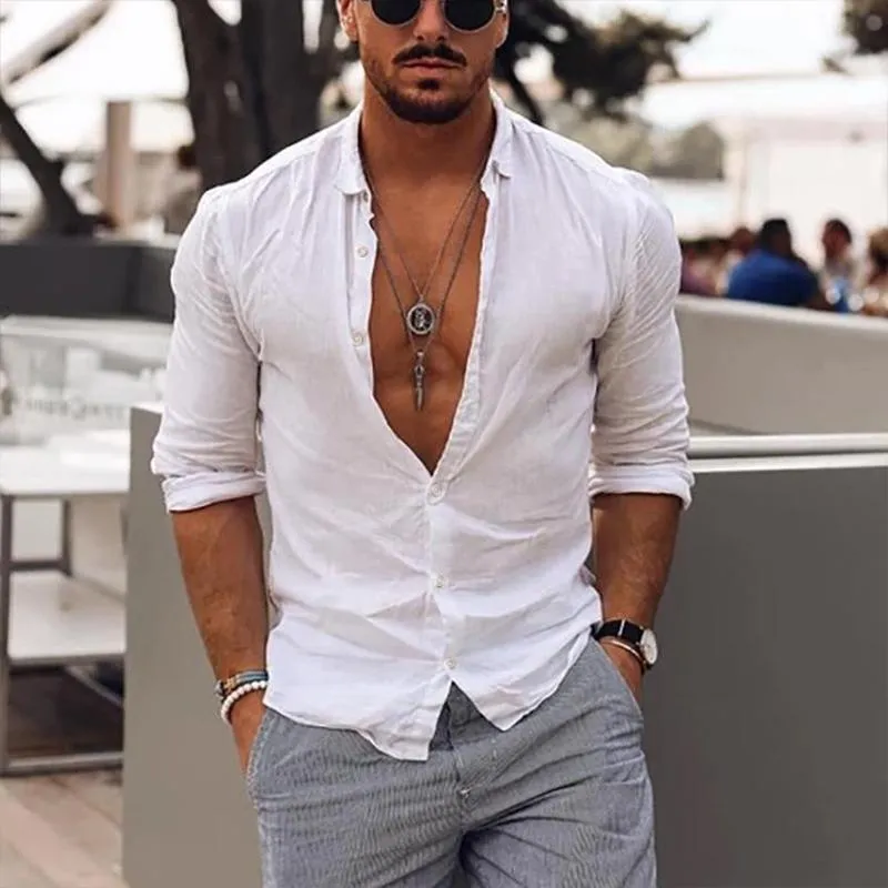 Men's Casual Solid Color Lapel Cotton Linen Long-Sleeved Shirt 81456809M sold by Manly product image thumbnail 2