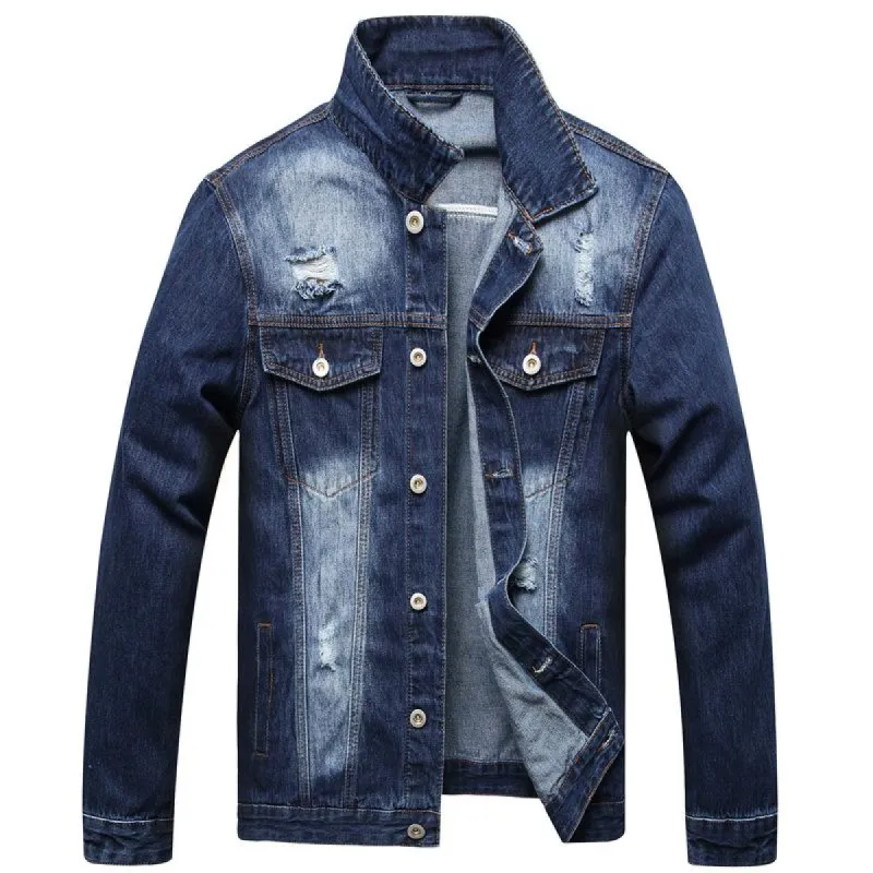 Men's Casual Lapel Collar Ripped Denim Jacket 29396432Y sold by Manly