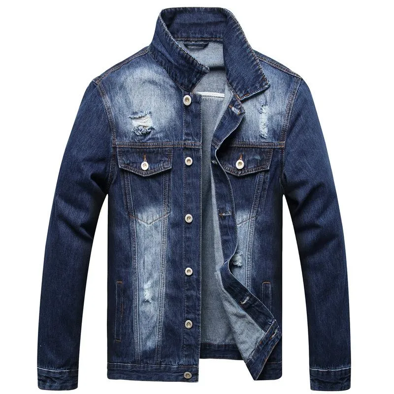 Men's Casual Lapel Collar Ripped Denim Jacket 29396432Y sold by Manly