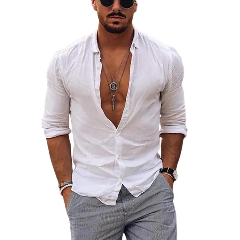 Men's Casual Solid Color Lapel Cotton Linen Long-Sleeved Shirt 81456809M sold by Manly