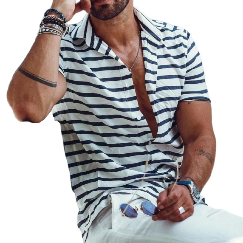 Men's Casual Striped Lapel Short Sleeve Shirt 35190665TO sold by Manly