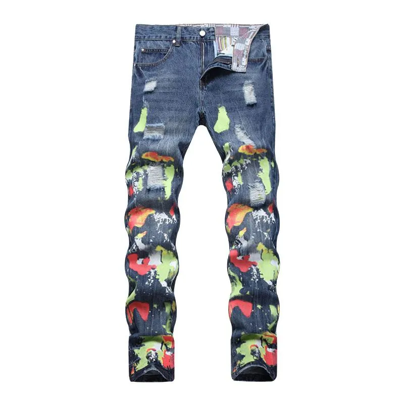 Men's Fashion Ripped Colorblock Heavy Wash Printed Straight Jeans 20190037M sold by Manly