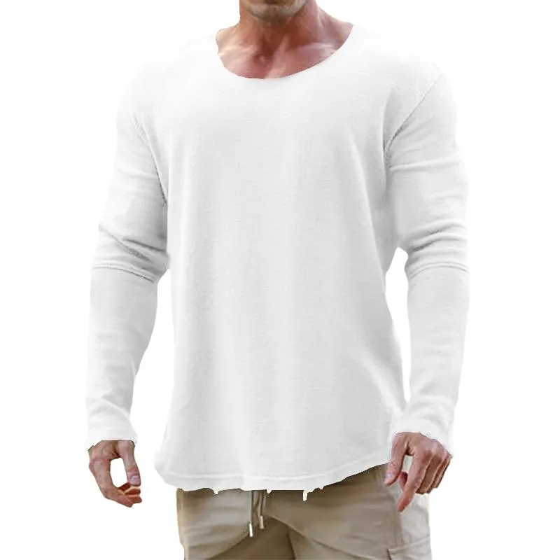 Men's Casual Retro Solid Color Round Neck Long Sleeve T-shirt 04451010TO sold by Manly