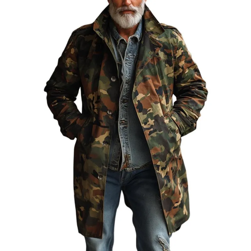 Men's Camouflage Lapel Single Breasted Mid-length Cargo Trench Coat 10064342Z sold by Manly
