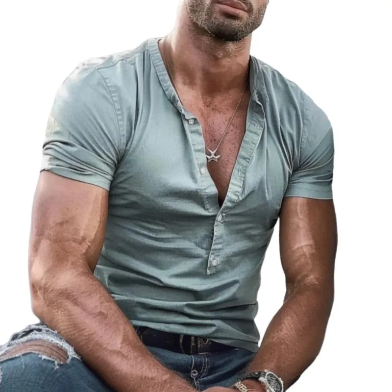 Men's Casual Solid Color Henley Neck Short Sleeve T-Shirt 79696441TO sold by Manly